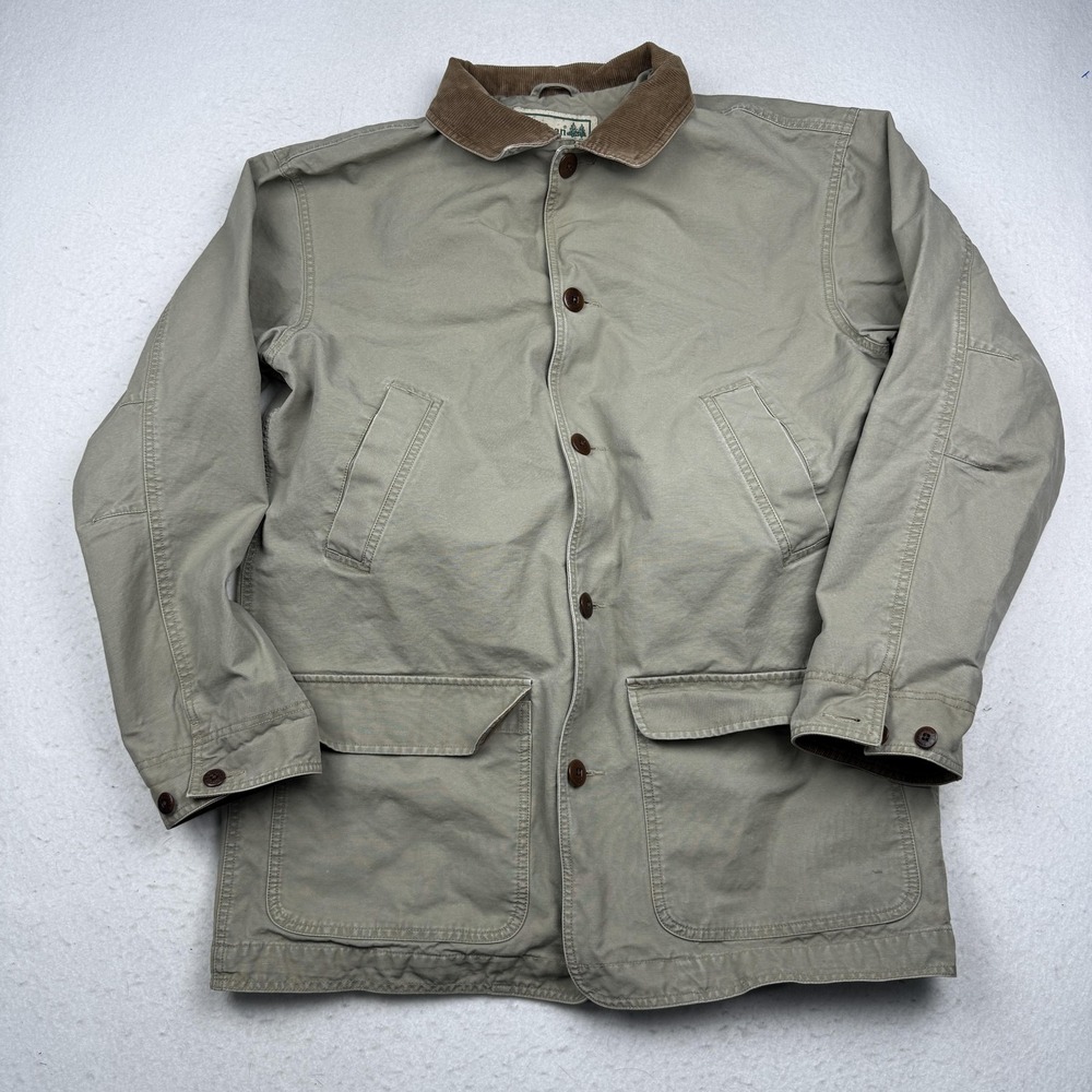L.L. Bean Coat Mens LT Beige Canvas Field Corduroy Collar Button Lined Outdoor